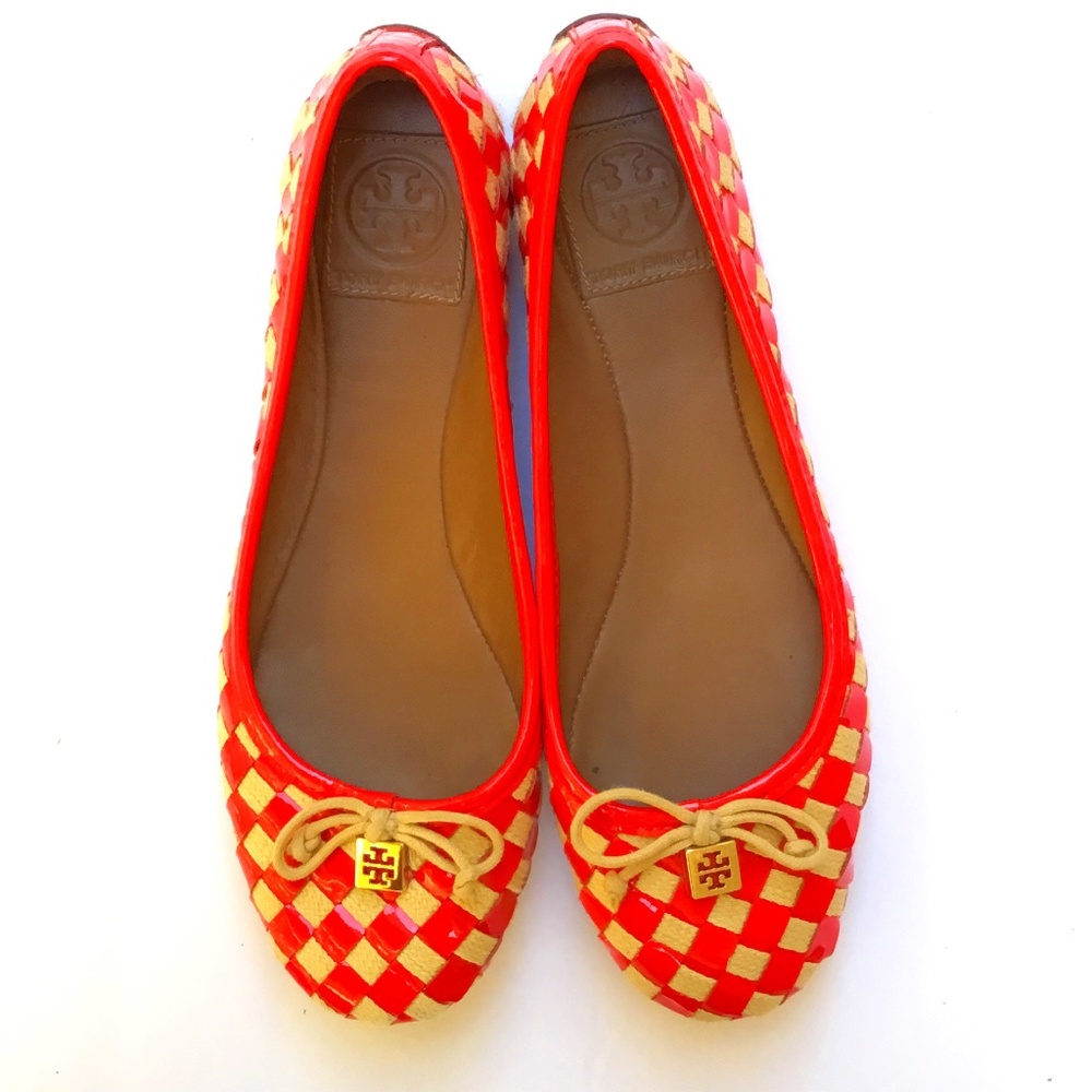 Tory Burch Patent Woven Checker Flats Pink Tan 6.5